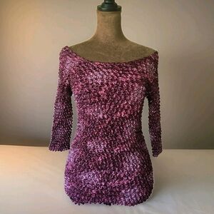 Tess 90's Popcorn Stretch Top Burgandy Red Lightweight Women's One‎ Size